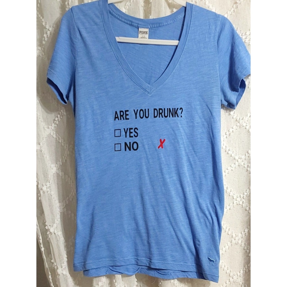 PINK Victoria's Secret Blue Are You Drunk Graphic V-Neck Sleep Tee Large